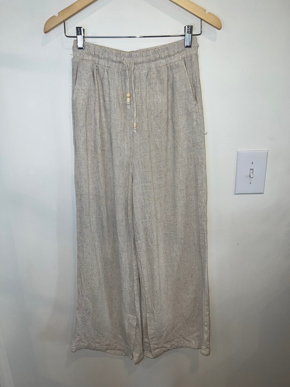 New In Beige Linen Blend Wide Leg Pants Size Large Boho Coastal